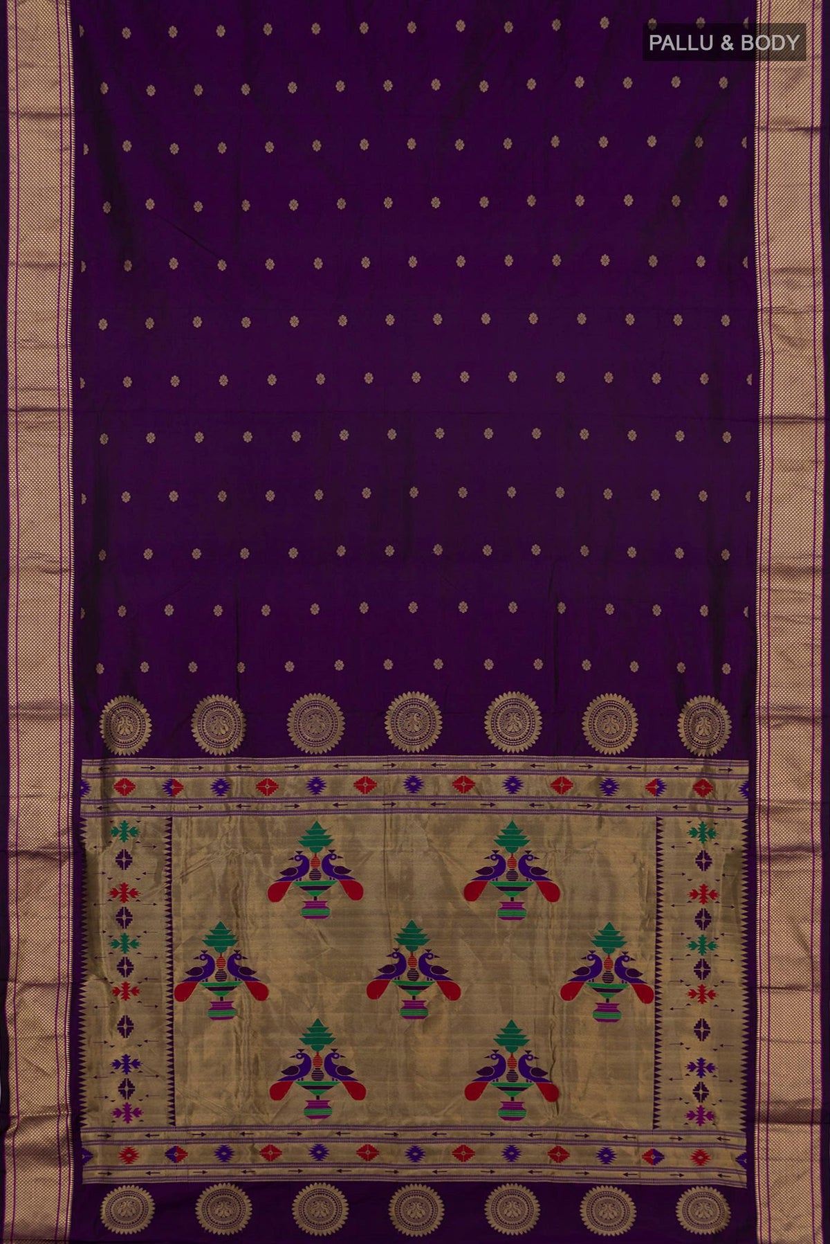 Flat view of Purple Bangalore Silk Saree with Zari Butta on the body and Zari Border. 