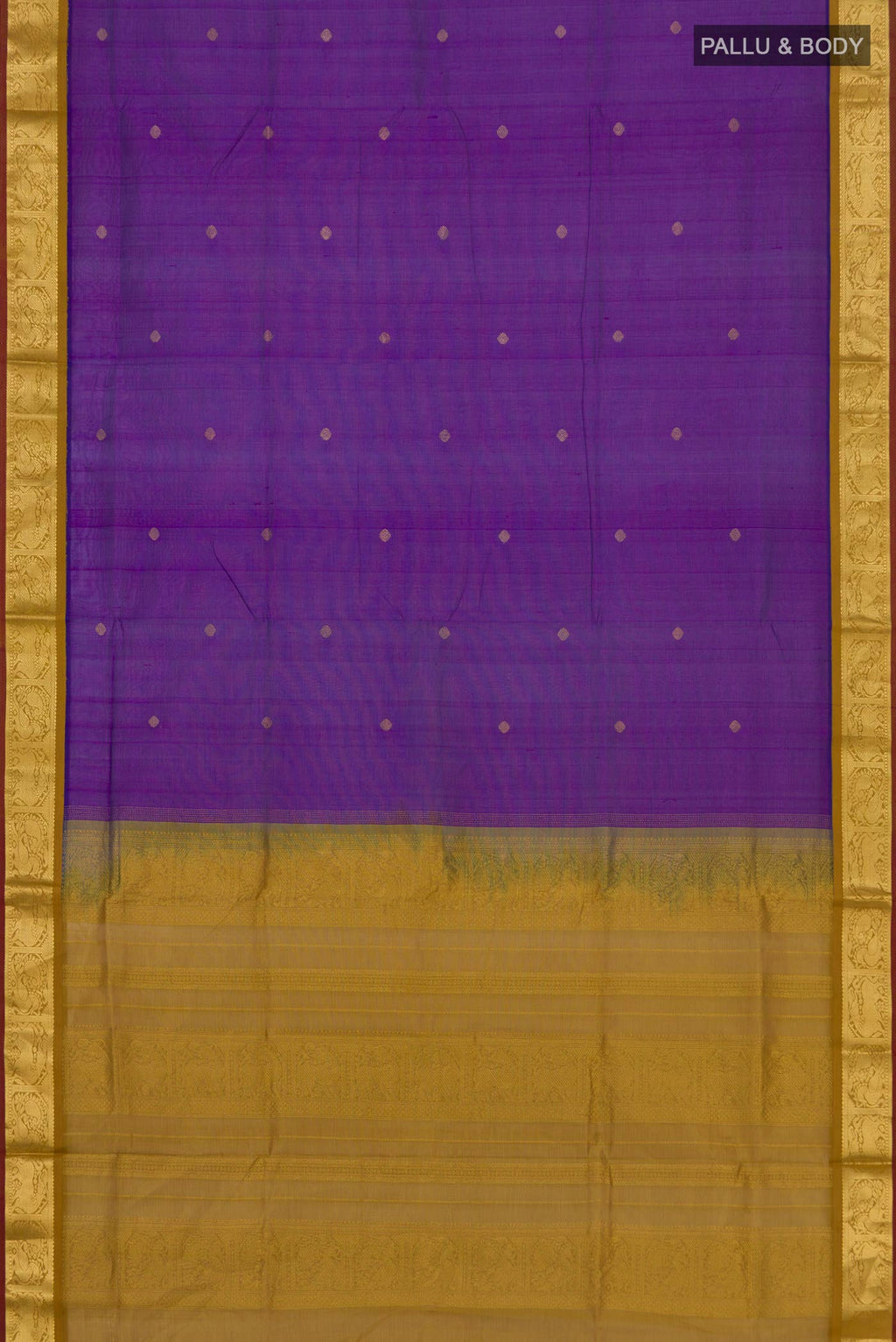 Flat view of Purple Silk Cotton Saree with Zari Butta on the body and Zari Border. 