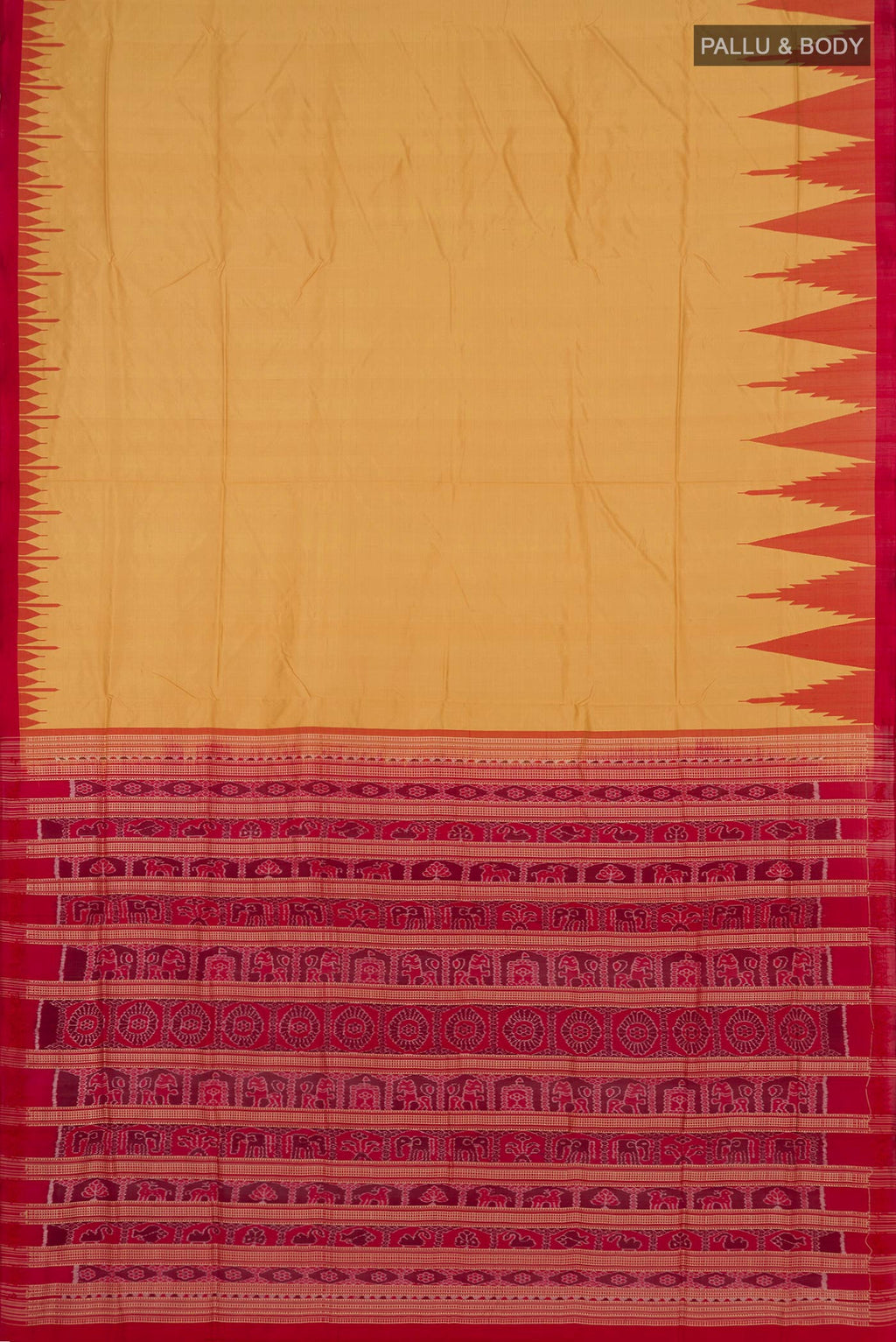 Flat view of Mustard Orissa Silk Saree with Plain Body and Temple Border. 