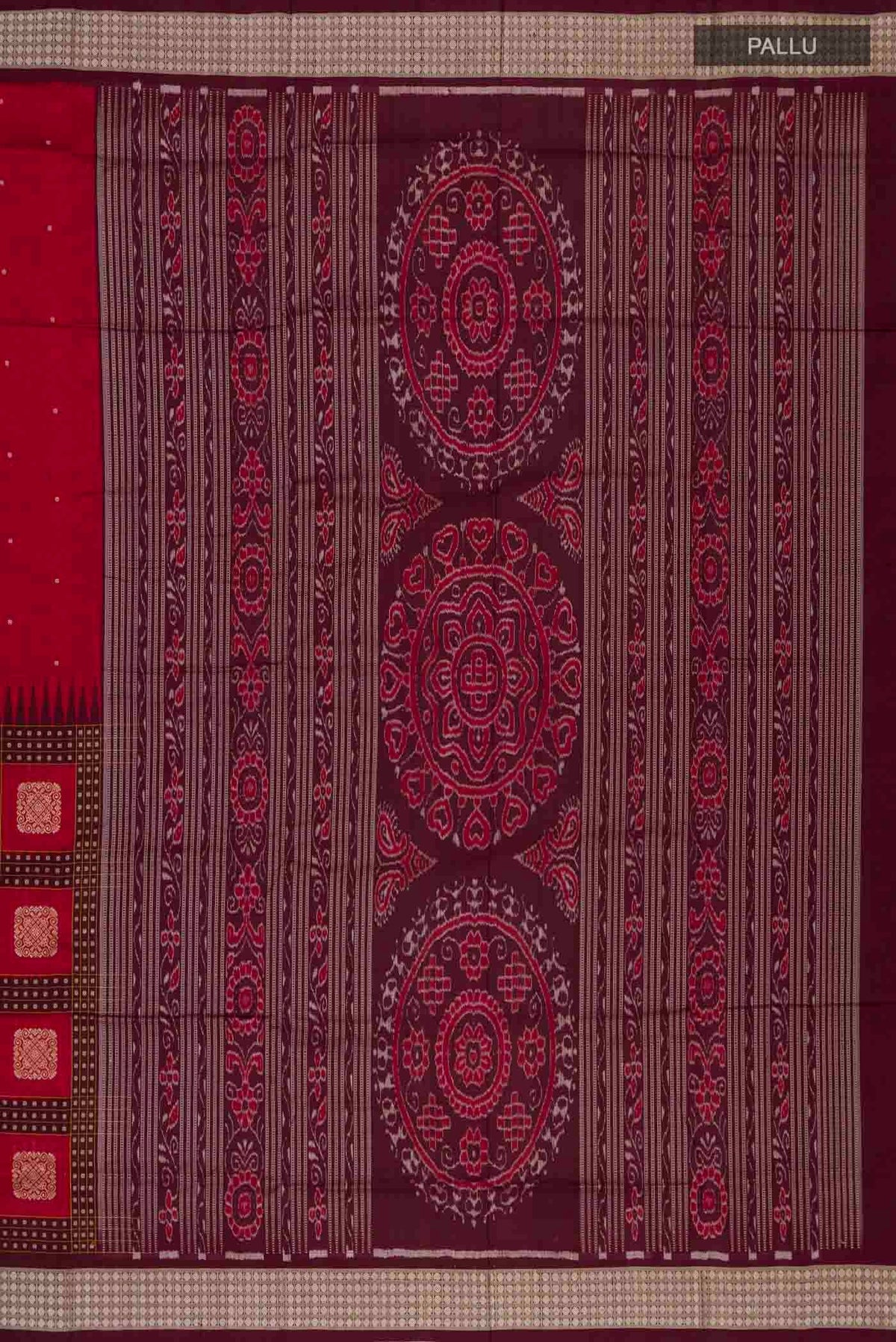 Close up image of the pallu of Maroon Orissa Silk Saree with Thread Butta on the body and Thread Border
