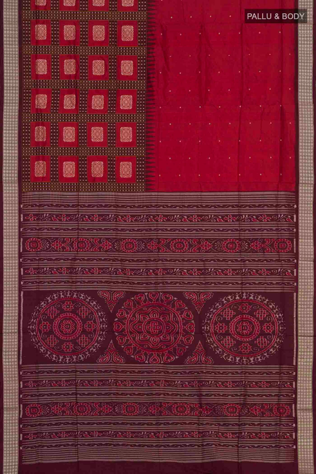 Flat view of Maroon Orissa Silk Saree with Thread Butta on the body and Thread Border