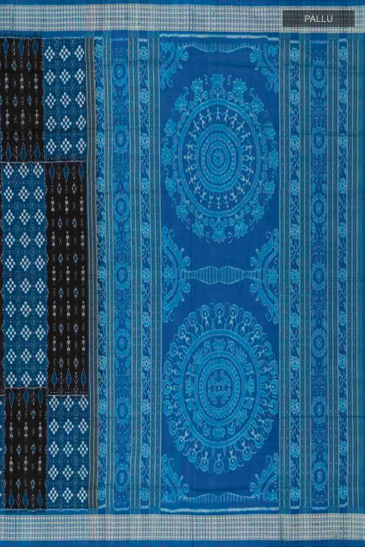 Close up image of the pallu of Multi Color Orissa Silk Saree with Ikat design on the body and Thread Border