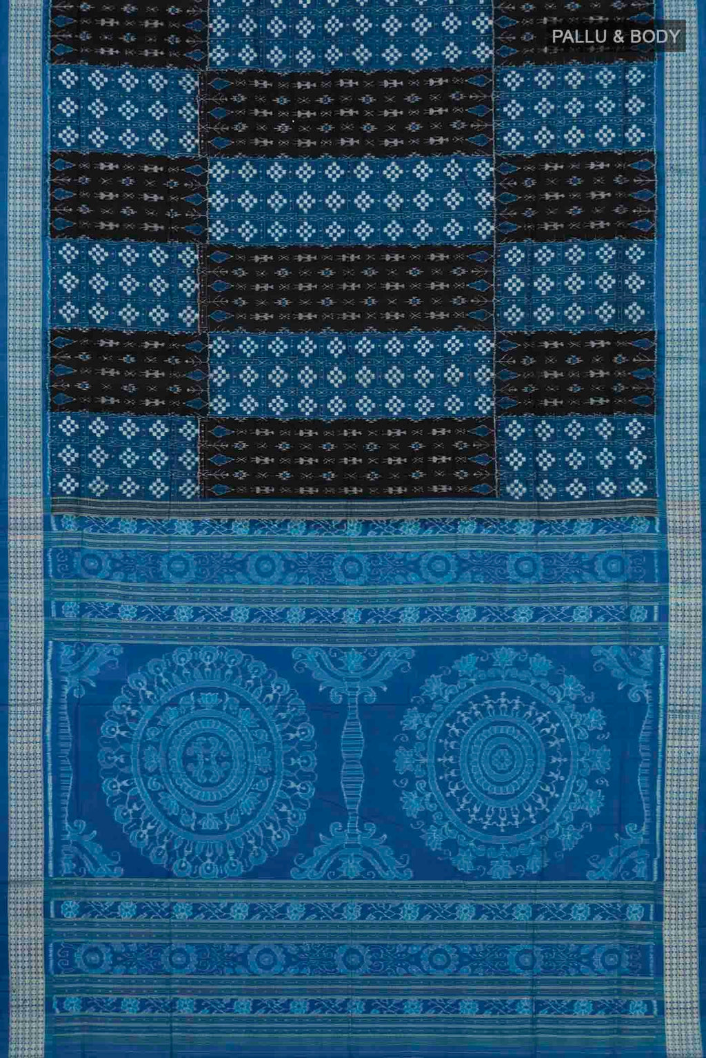 Flat view of Multi Color Orissa Silk Saree with Ikat design on the body and Thread Border