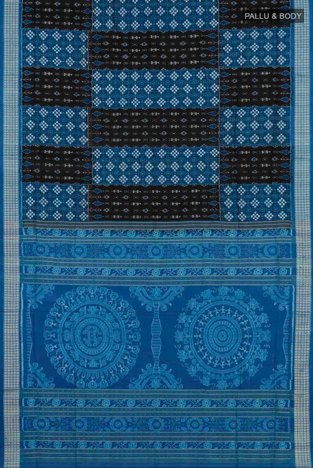 Flat view of Multi Color Orissa Silk Saree with Ikat design on the body and Thread Border