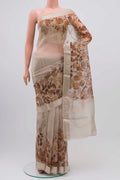 Grey Organza Silk Saree with Floral Print on the body and Zari Border displayed on a mannequin