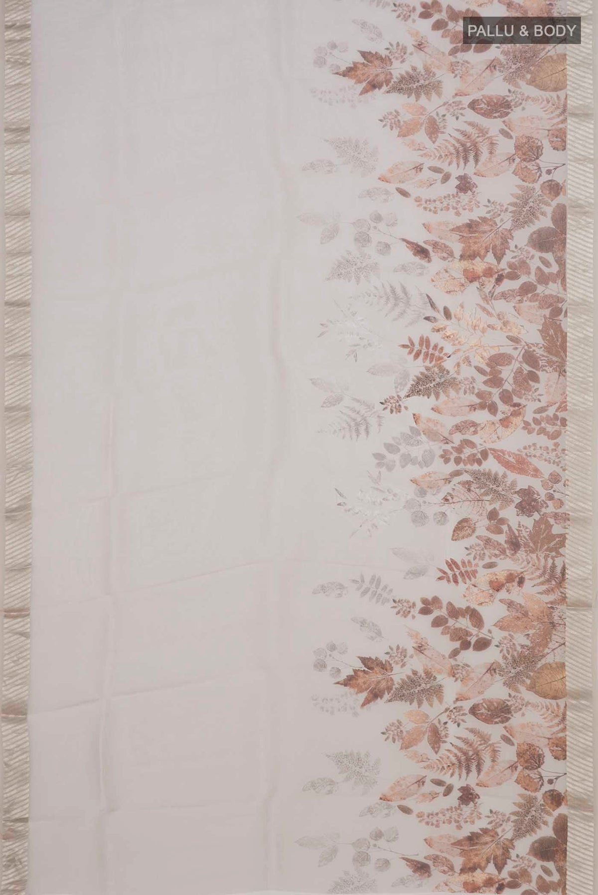 Flat view of Grey Organza Silk Saree with Floral Print on the body and Zari Border