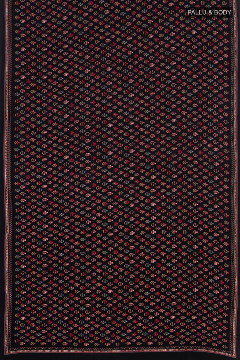 Flat view of Black Crepe Saree with Printed design on the body and Plain Border. 