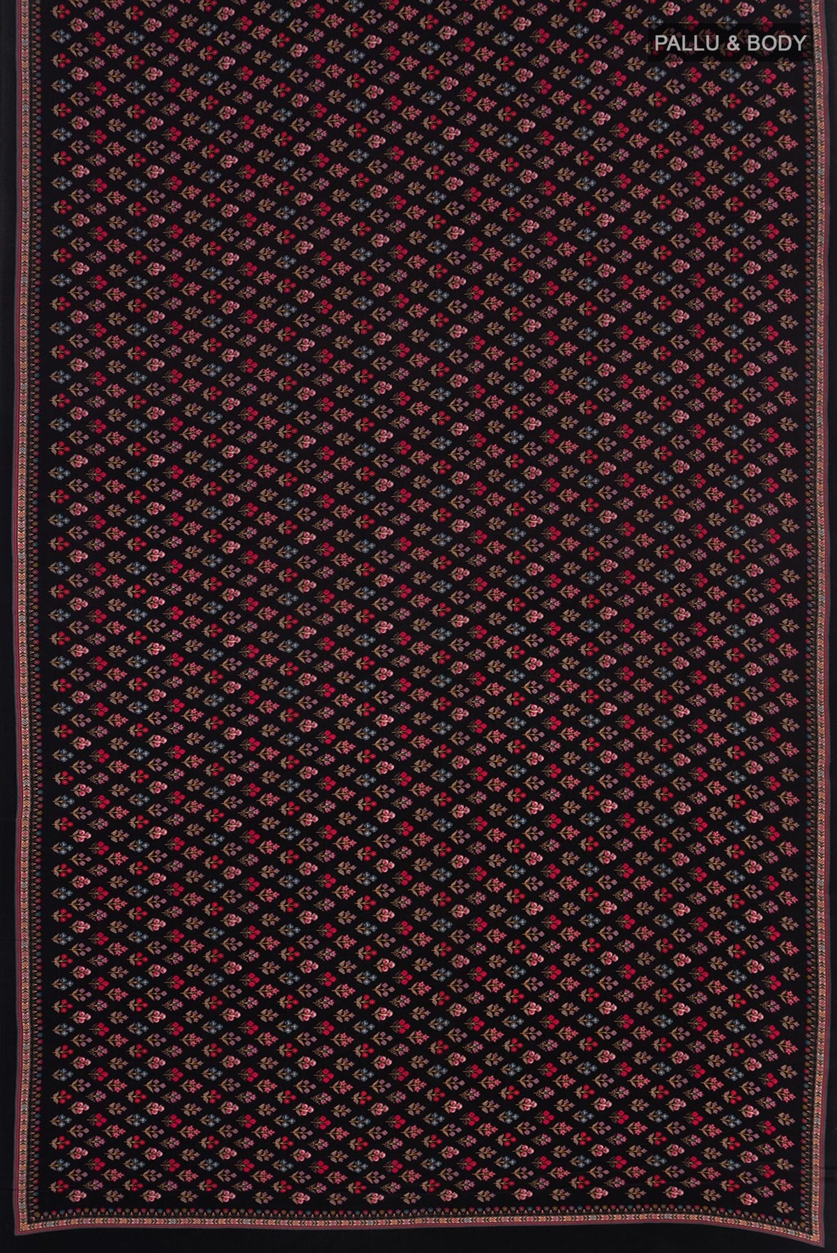 Flat view of Black Crepe Saree with Printed design on the body and Plain Border. 