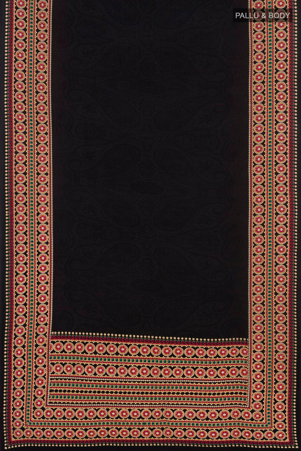 Flat view of Black Mysore Crepe Saree with Floral Print on the body and Without Border. 