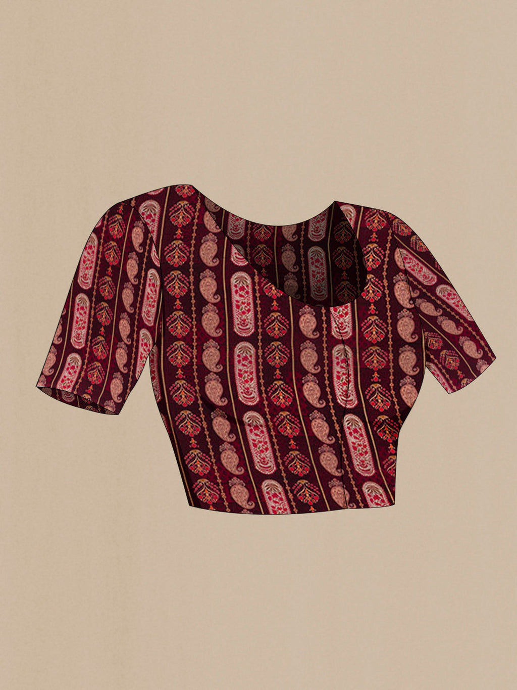 Close up image of the blouse of Deep Red Mysore Crepe Saree with Floral Print on the body and Printed Border. 
