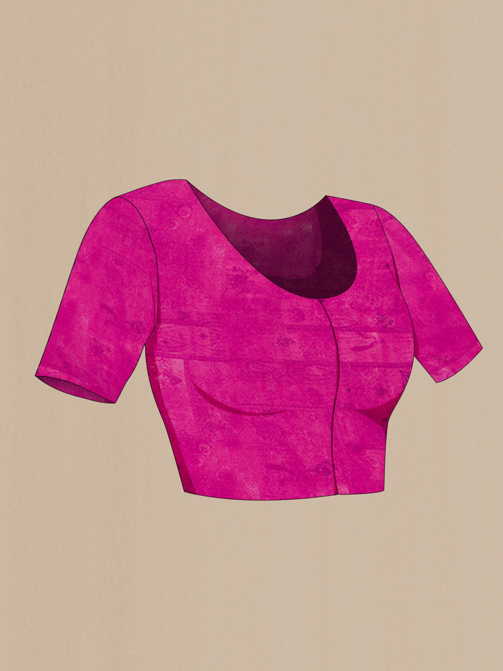 Close up image of the blouse of Dark Pink Mysore Crepe Saree with Floral Print on the body and Printed Border. 
