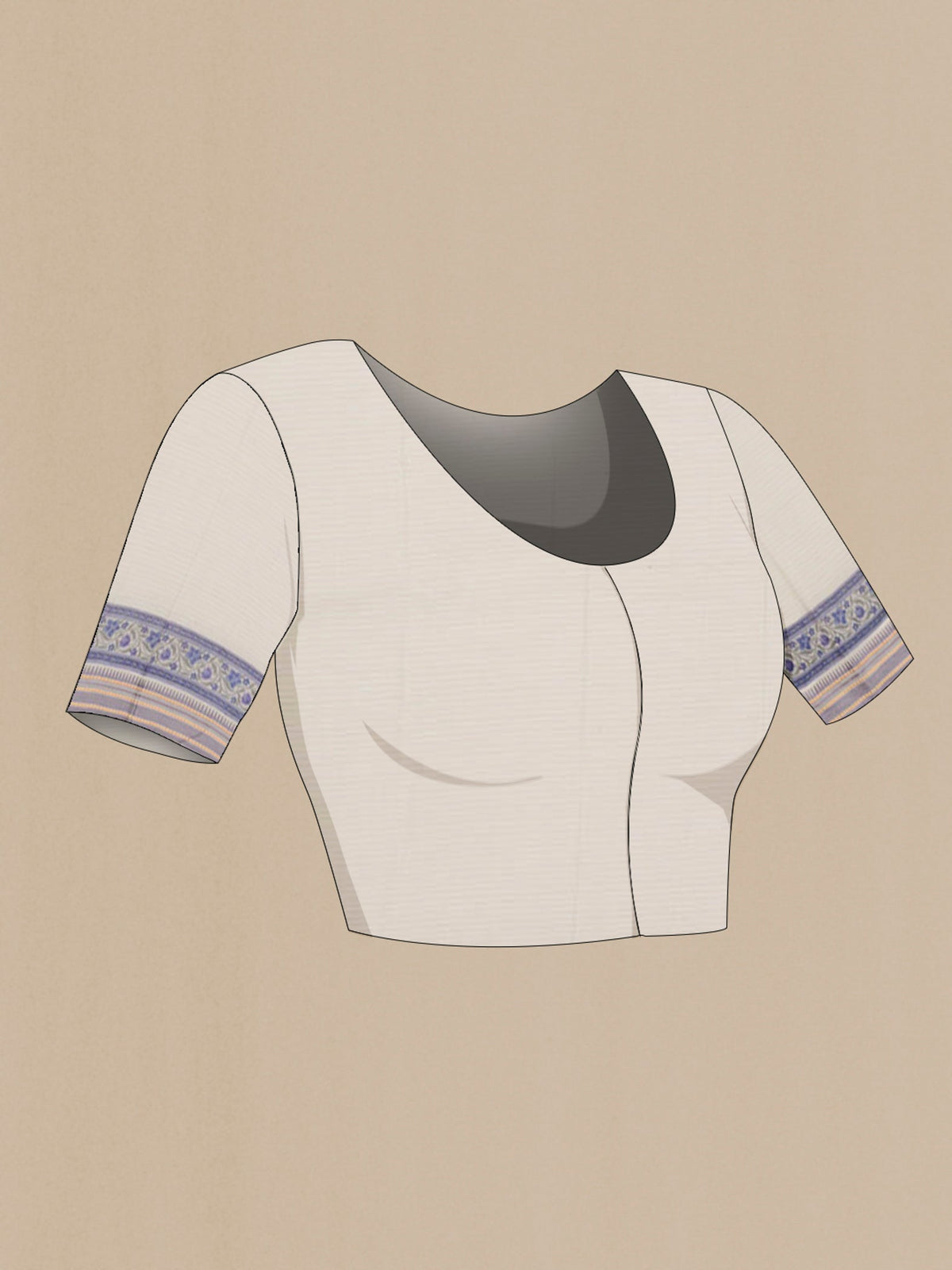 Close up image of the blouse of Grey Printed Cotton Saree with Printed design on the body and Thread Border. 