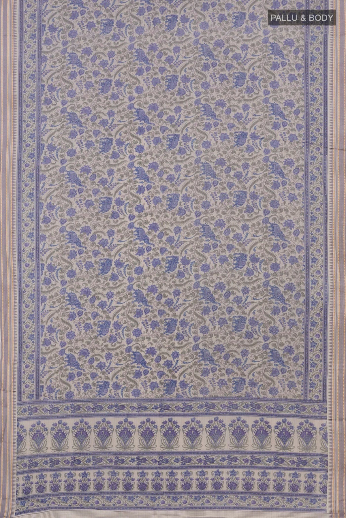 Flat view of Grey Printed Cotton Saree with Printed design on the body and Thread Border. 