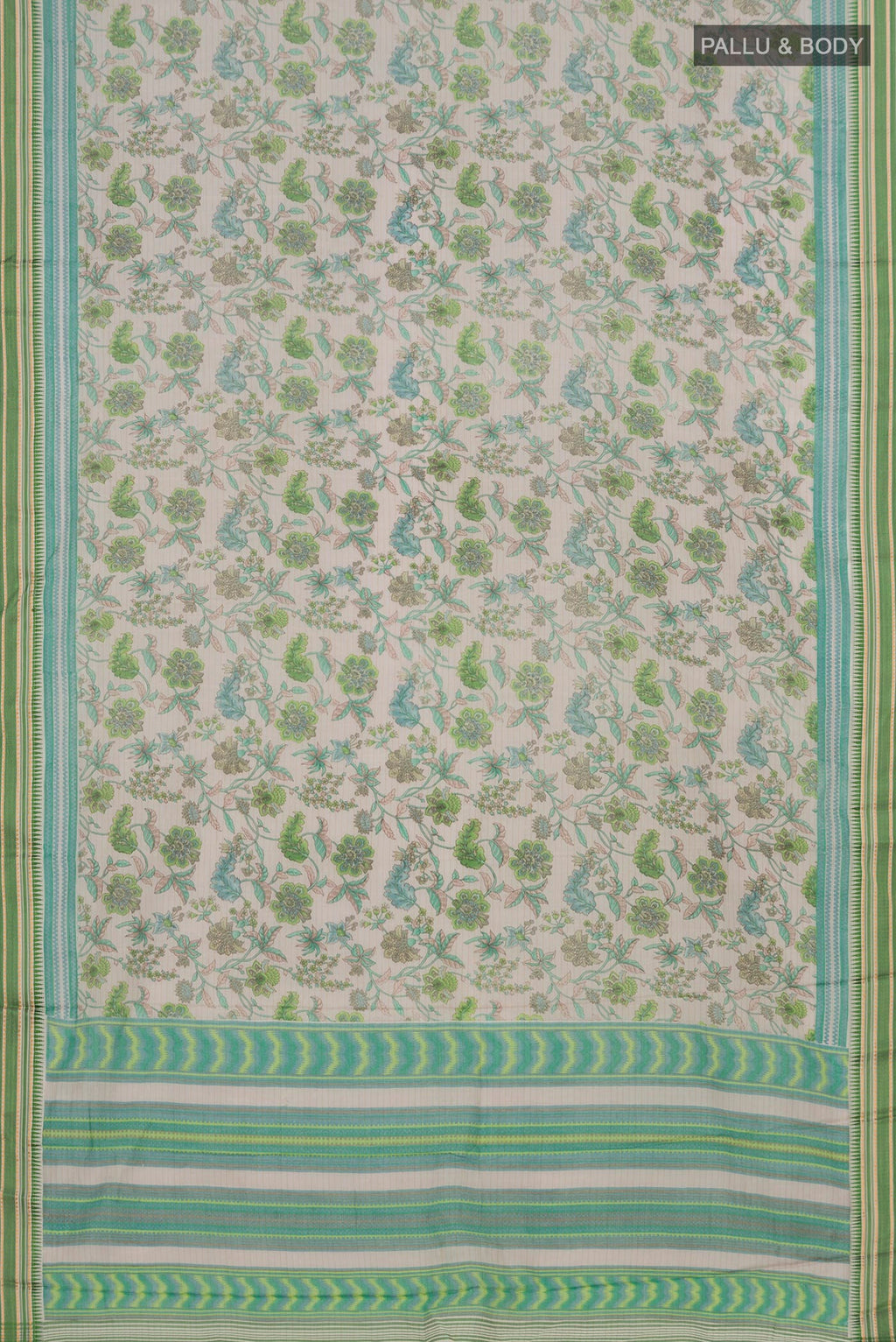 Flat view of Grey Printed Cotton Saree with Printed design on the body and Thread Border. 