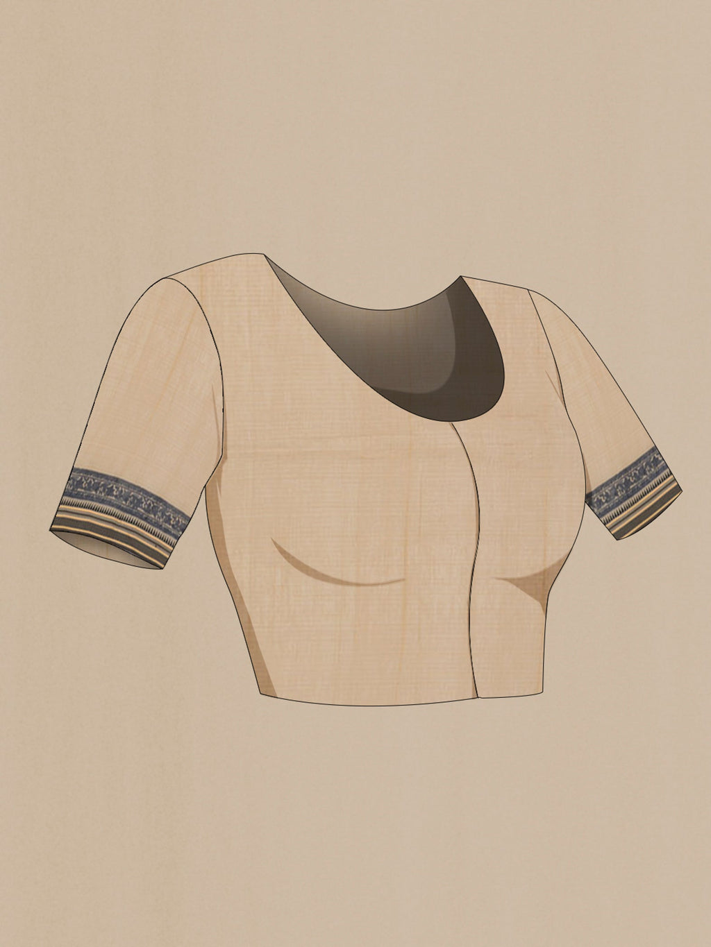 Close up image of the blouse of Beige Tussar Saree with Floral Print on the body and Thread Border. 
