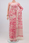 Off White Printed Cotton Saree with Printed design on the body and Thread Border.  displayed on a mannequin