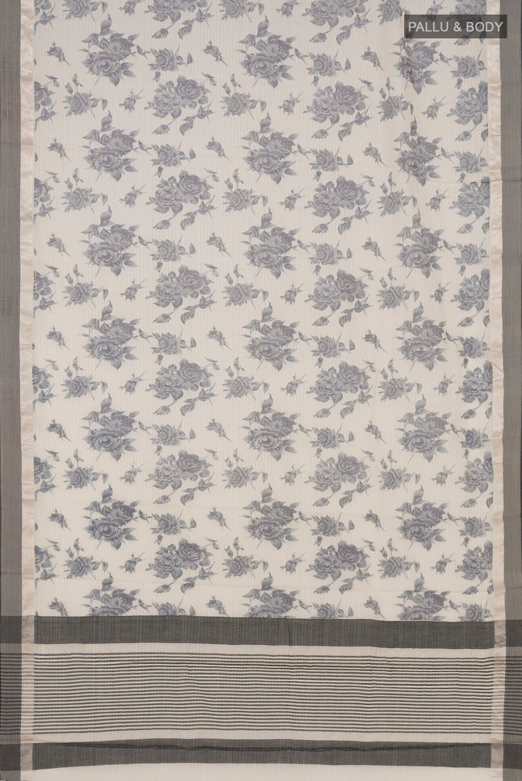 Flat view of Beige Tussar Saree with Floral Print on the body and Zari Border. 