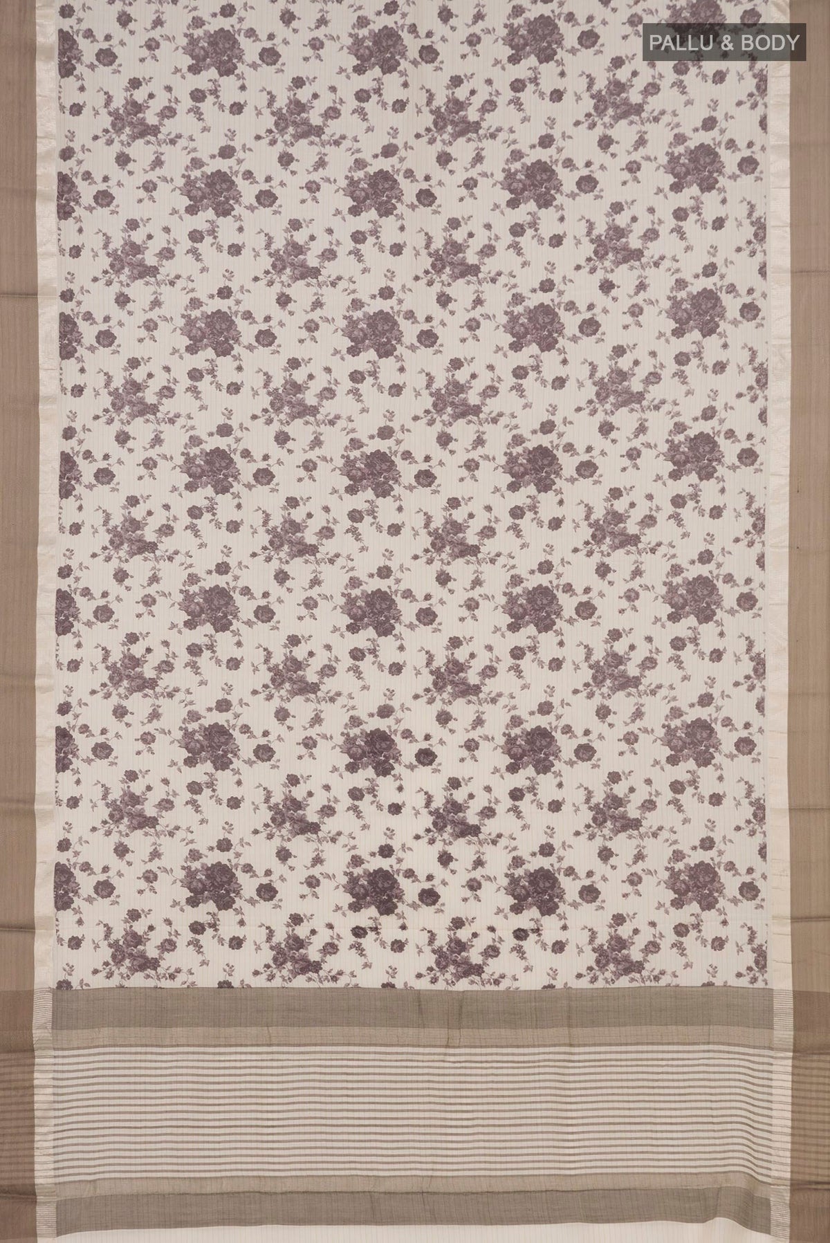 Flat view of Off White Tussar Saree with Floral Print on the body and Zari Border. 