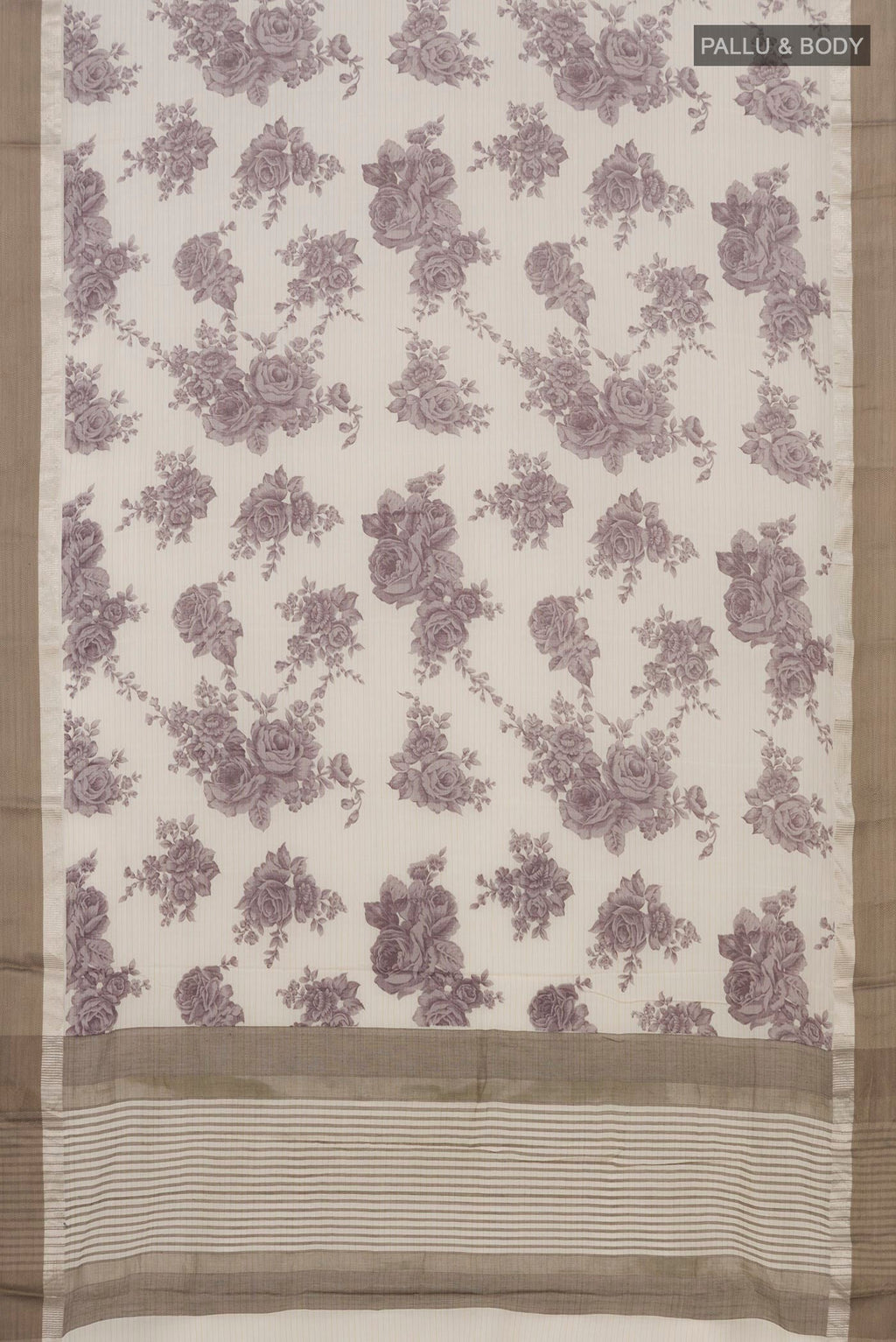 Flat view of Beige Tussar Saree with Floral Print on the body and Zari Border. 