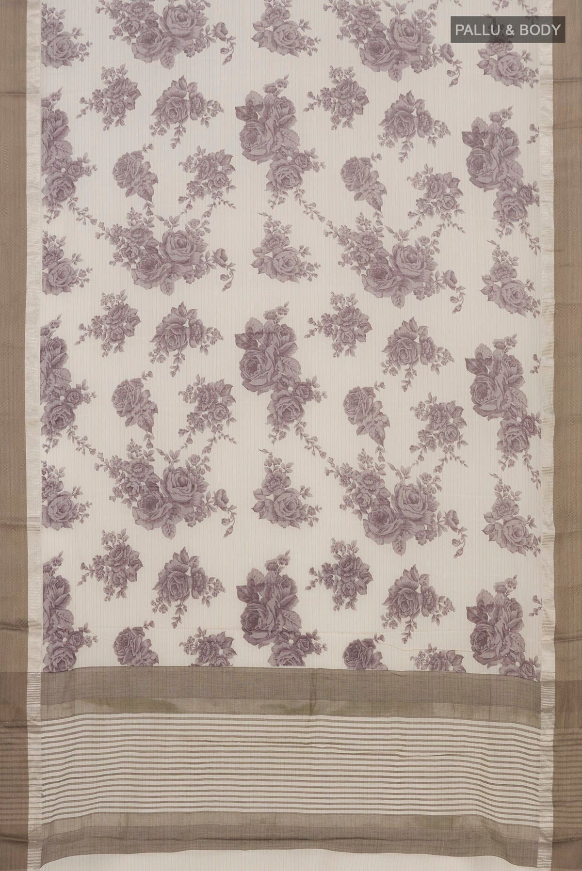 Flat view of Beige Tussar Saree with Floral Print on the body and Zari Border. 