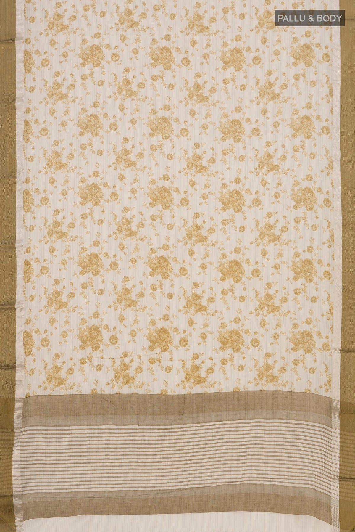 Flat view of Off White Tussar Saree with Floral Print on the body and Zari Border. 