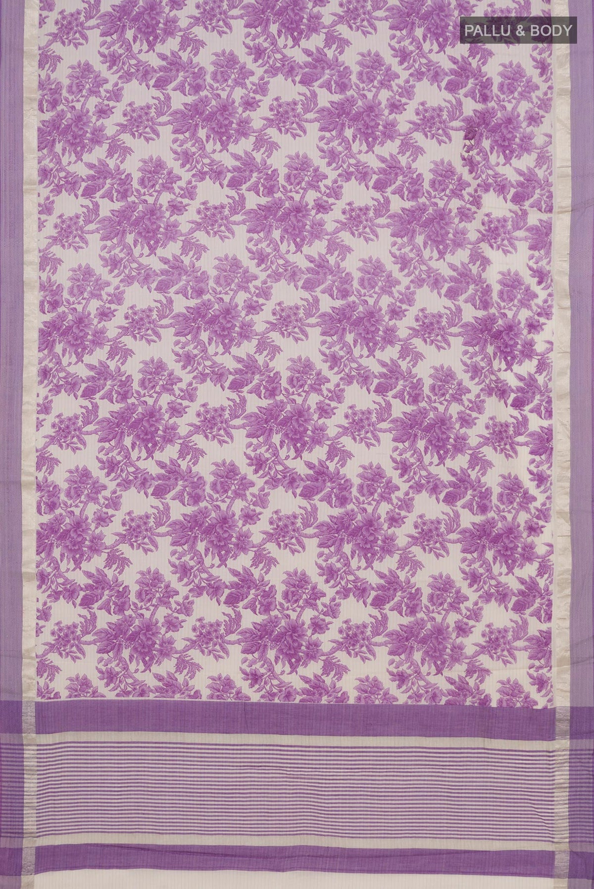 Flat view of Off White Printed Cotton Saree with Printed design on the body and Thread Border. 
