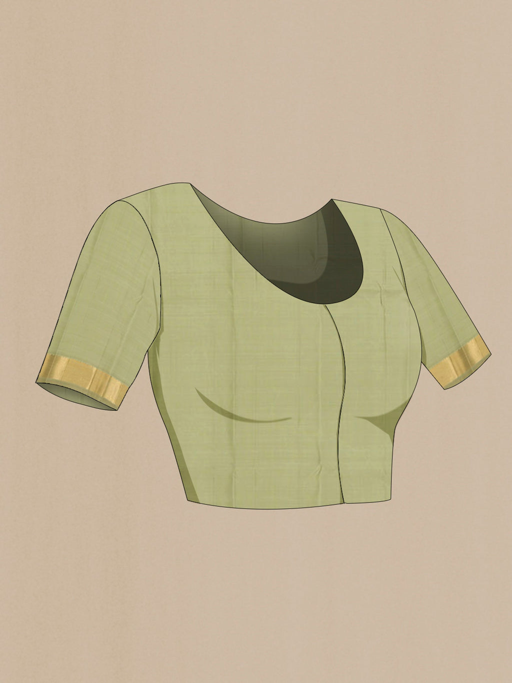 Close up image of the blouse of Pure Silk Pure Zari Pista Green Kanjivaram Saree with Zari Brocade on the body and Zari Border. 