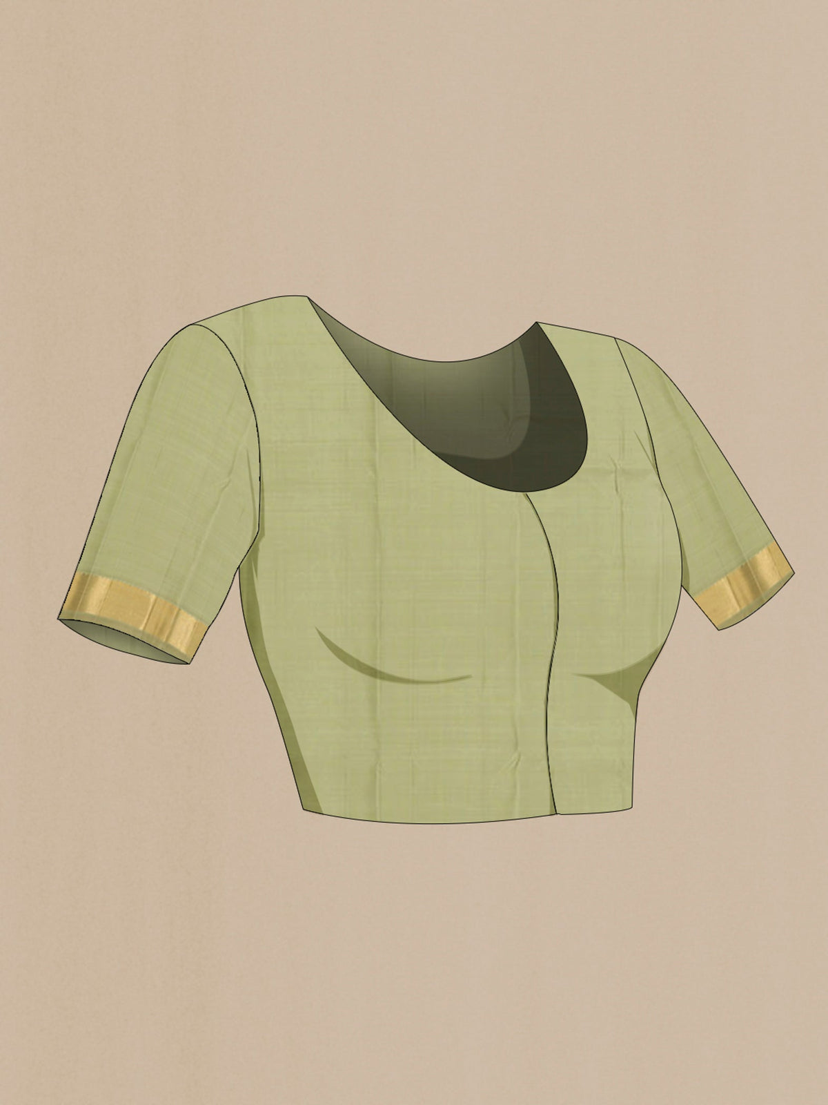 Close up image of the blouse of Pure Silk Pure Zari Pista Green Kanjivaram Saree with Zari Brocade on the body and Zari Border. 