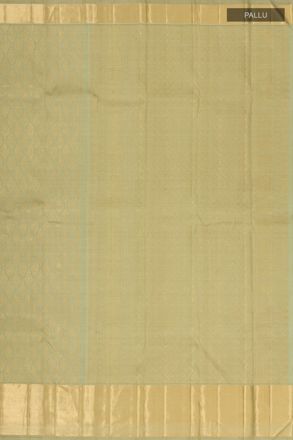 Close up image of the pallu of Pure Silk Pure Zari Pista Green Kanjivaram Saree with Zari Brocade on the body and Zari Border. 