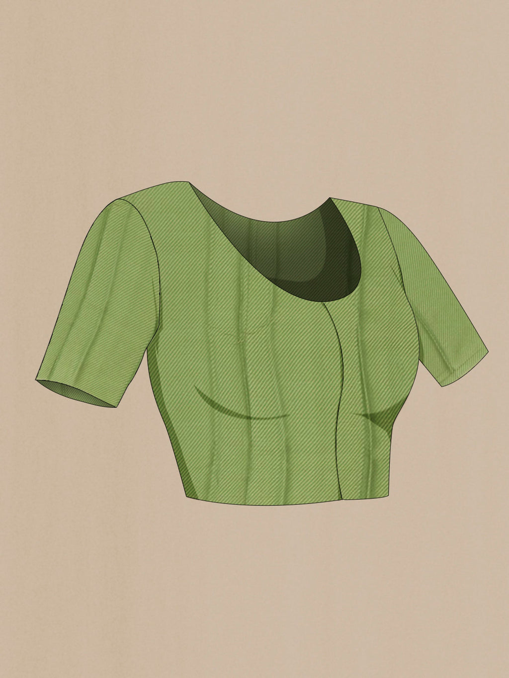 Close up image of the blouse of Green Chiffon Saree with Zari Butta on the body and Zari Border. 