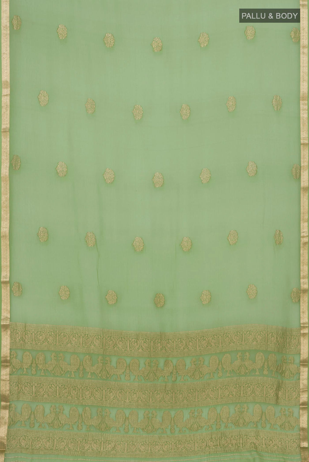 Flat view of Green Chiffon Saree with Zari Butta on the body and Zari Border. 