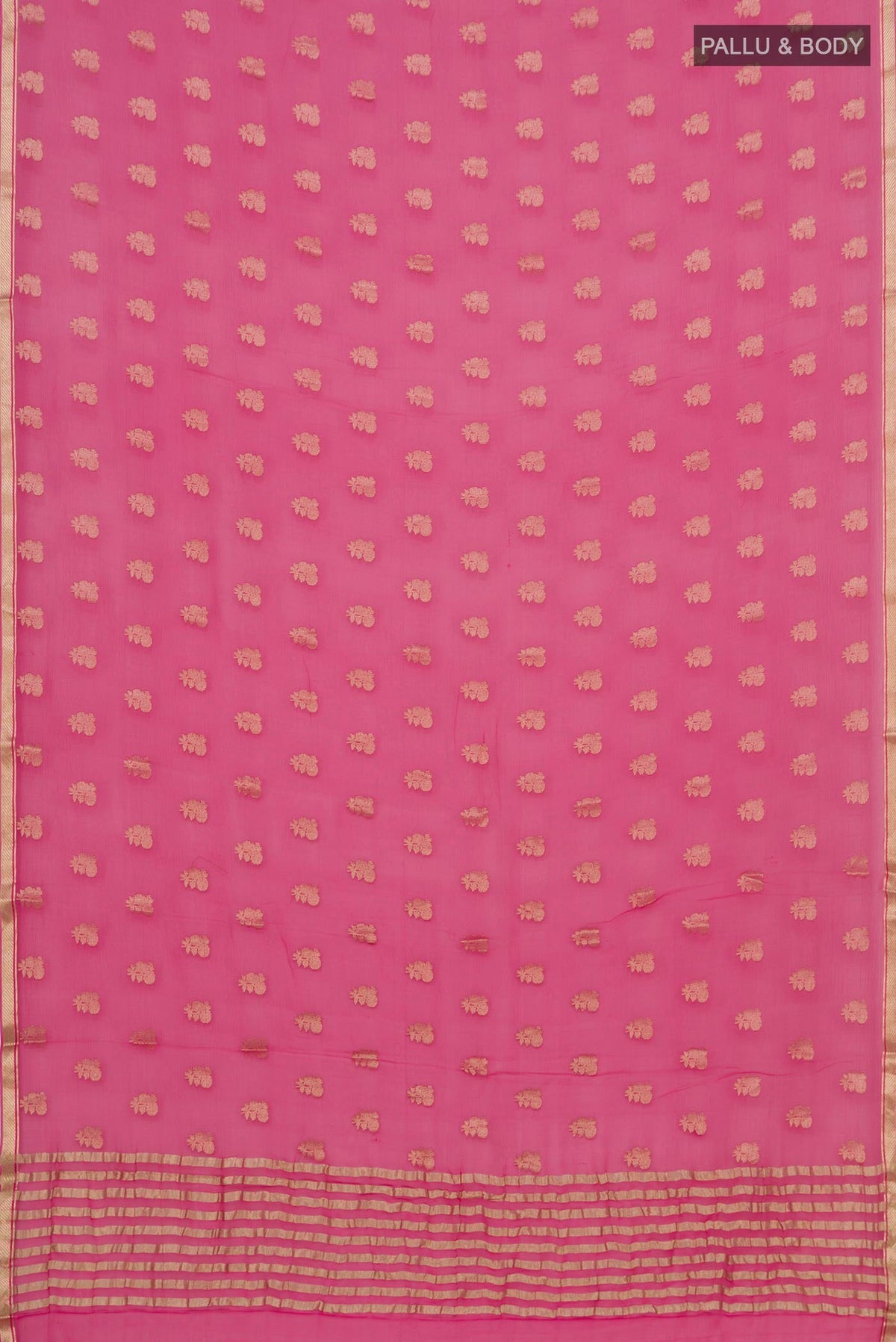 Flat view of Pink Chiffon Saree with Zari Butta on the body and Zari Border. 