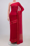 Red Chiffon Saree with Plain Body and Thin Zari Line.  displayed on a mannequin