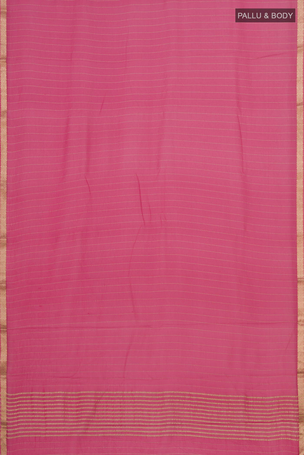 Flat view of Pink Chiffon Saree with Stripes on the body and Zari Border. 