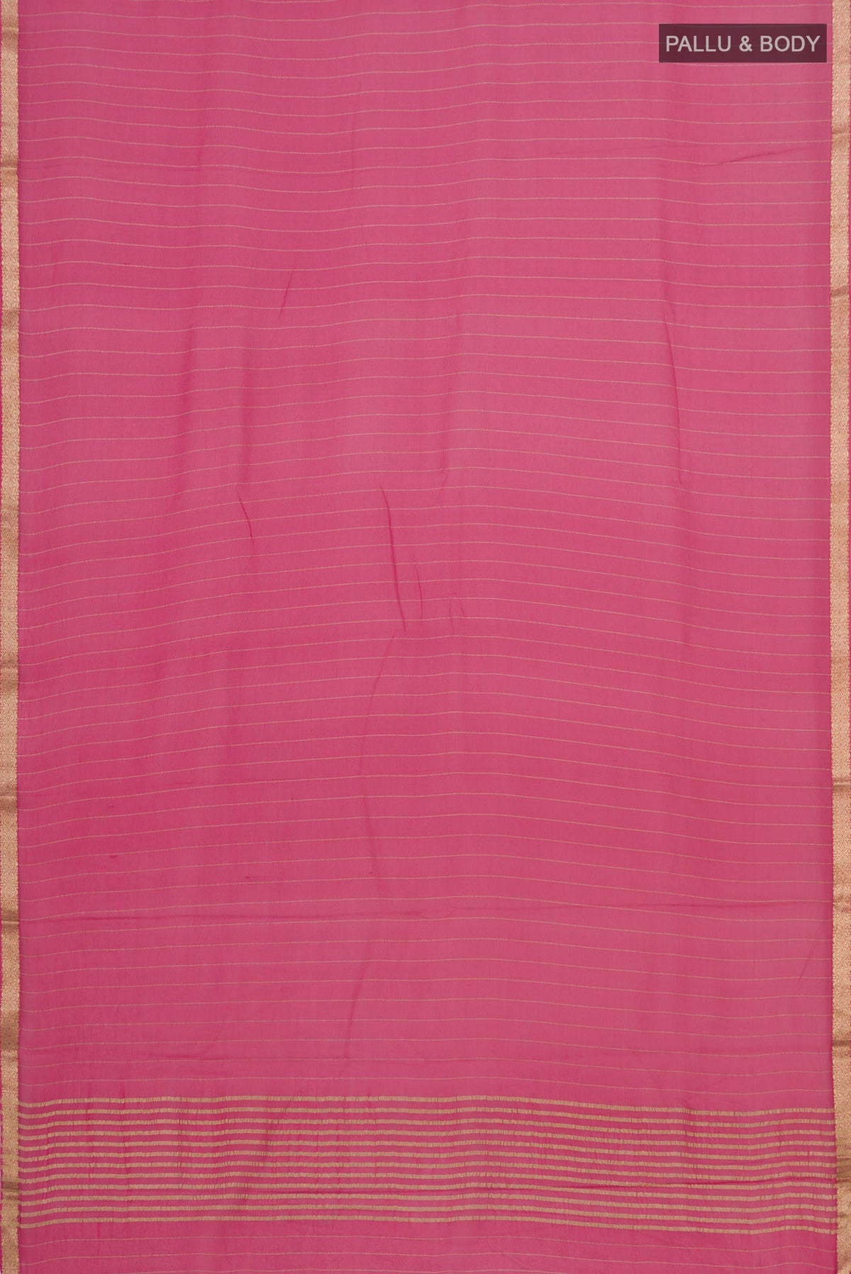 Flat view of Pink Chiffon Saree with Stripes on the body and Zari Border. 