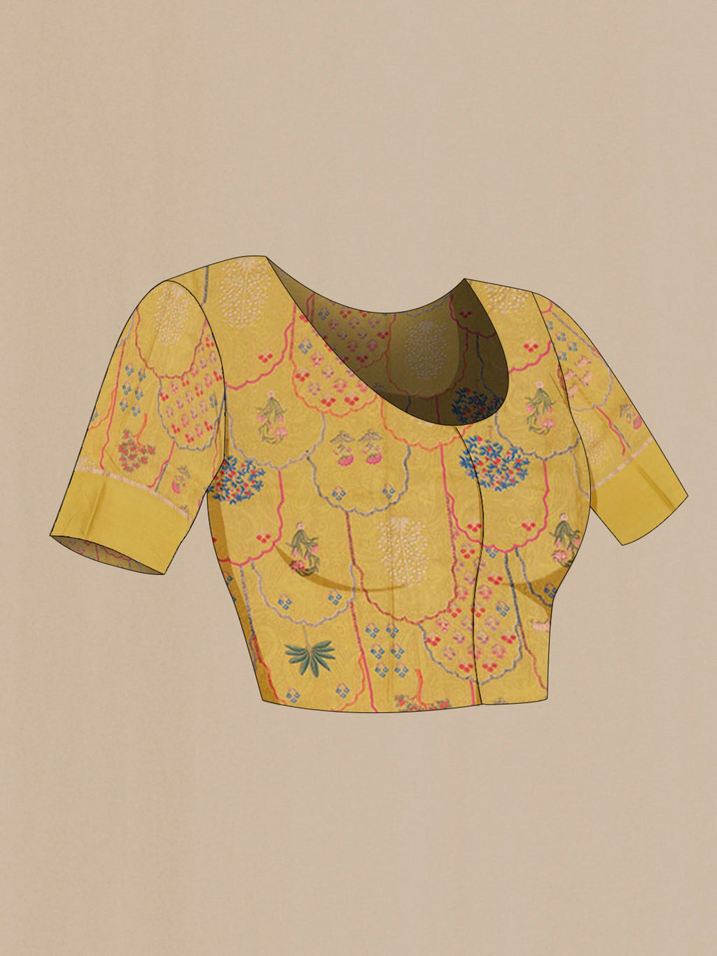 Close up image of the blouse of Yellow Tussar Silk Saree with Fancy on the body and Fancy Border. 