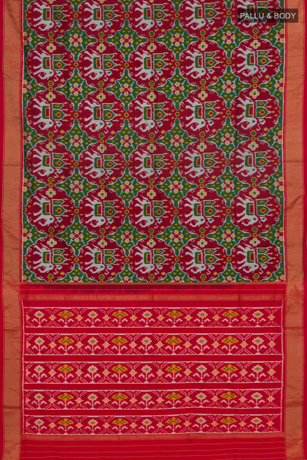 Flat view of Maroon Pochampally Silk Saree with Ikat Print on the body and Zari Border. 