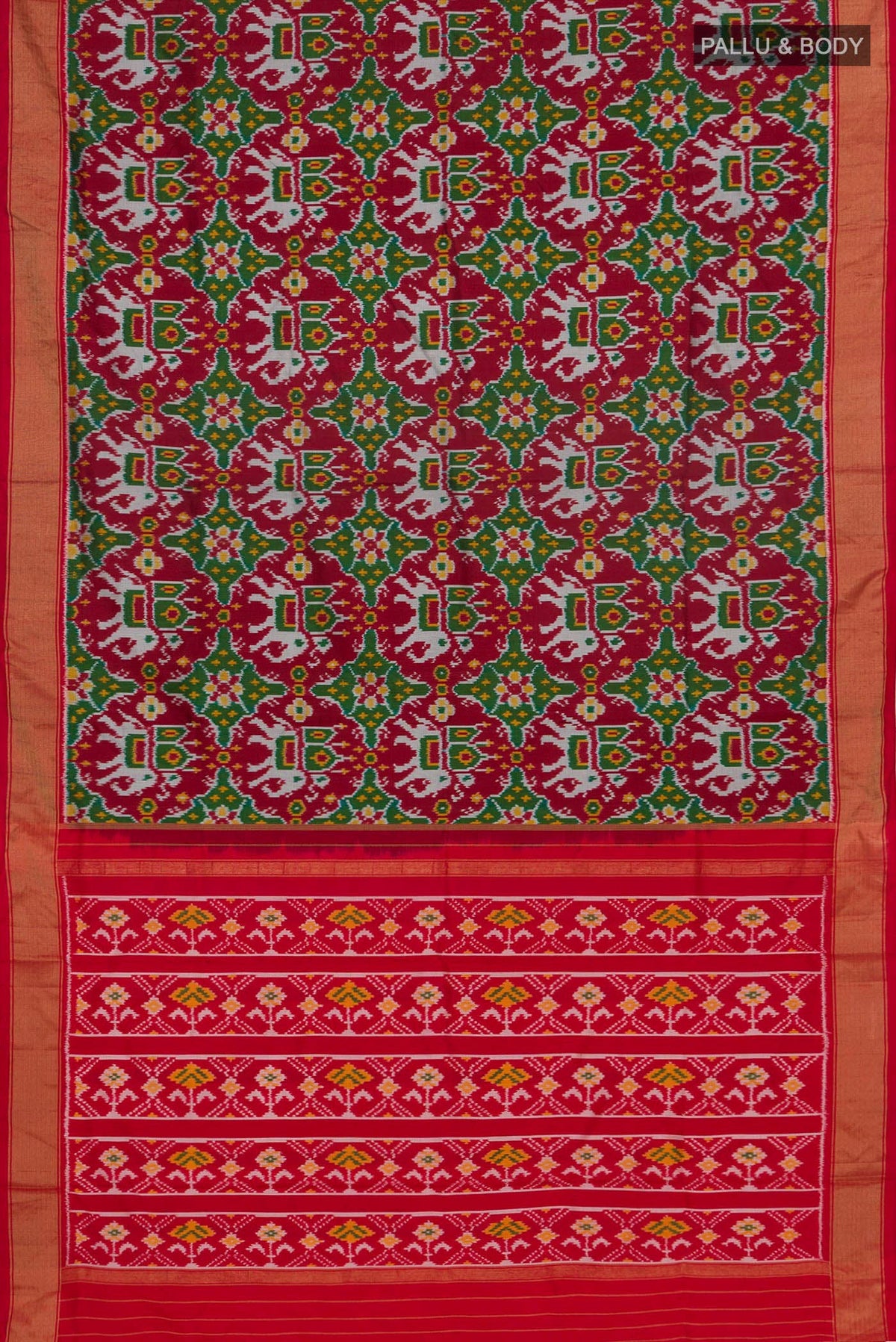 Flat view of Maroon Pochampally Silk Saree with Ikat Print on the body and Zari Border. 