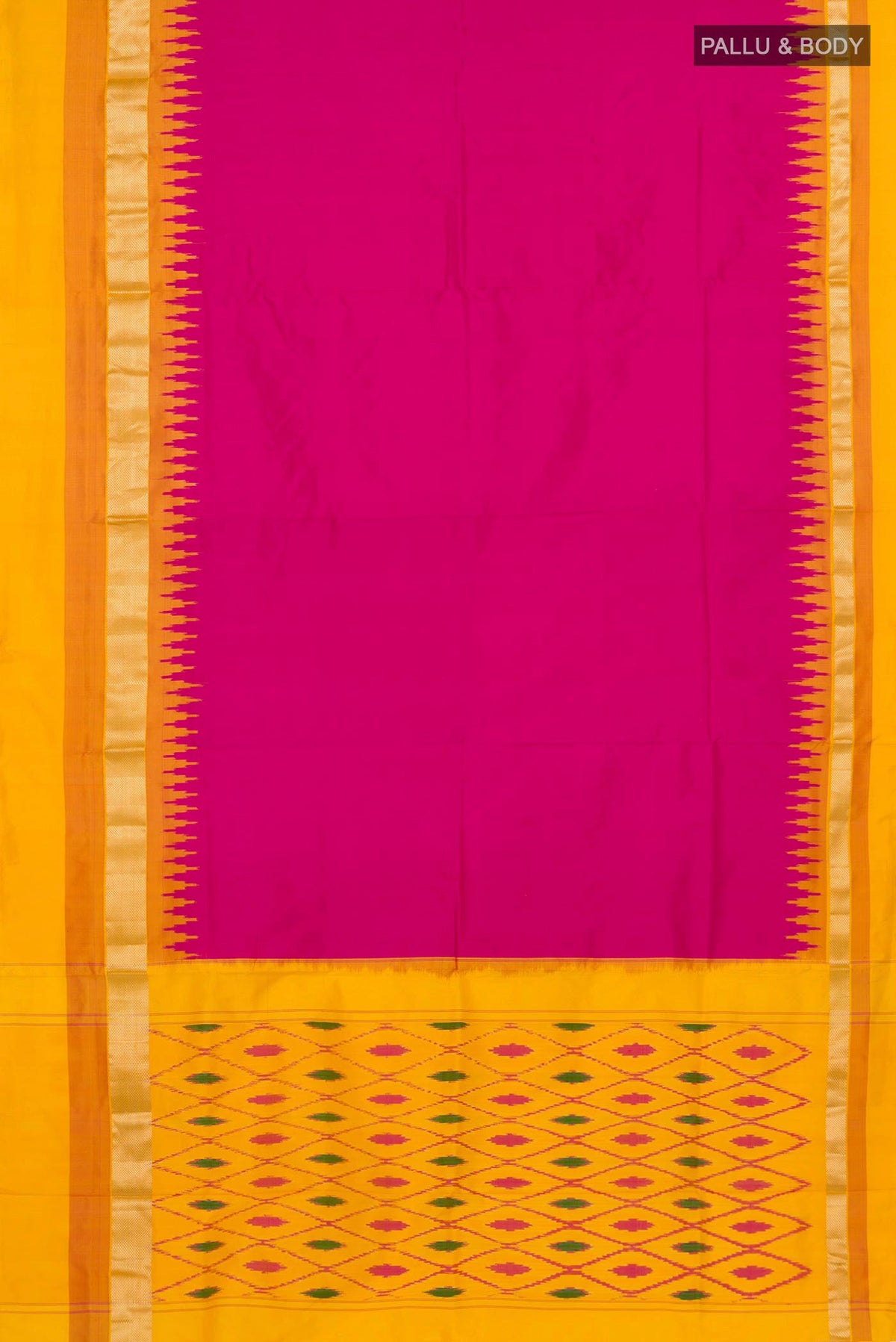 Flat view of Pink Pochampally Silk Saree with Plain Body and Zari Border. 