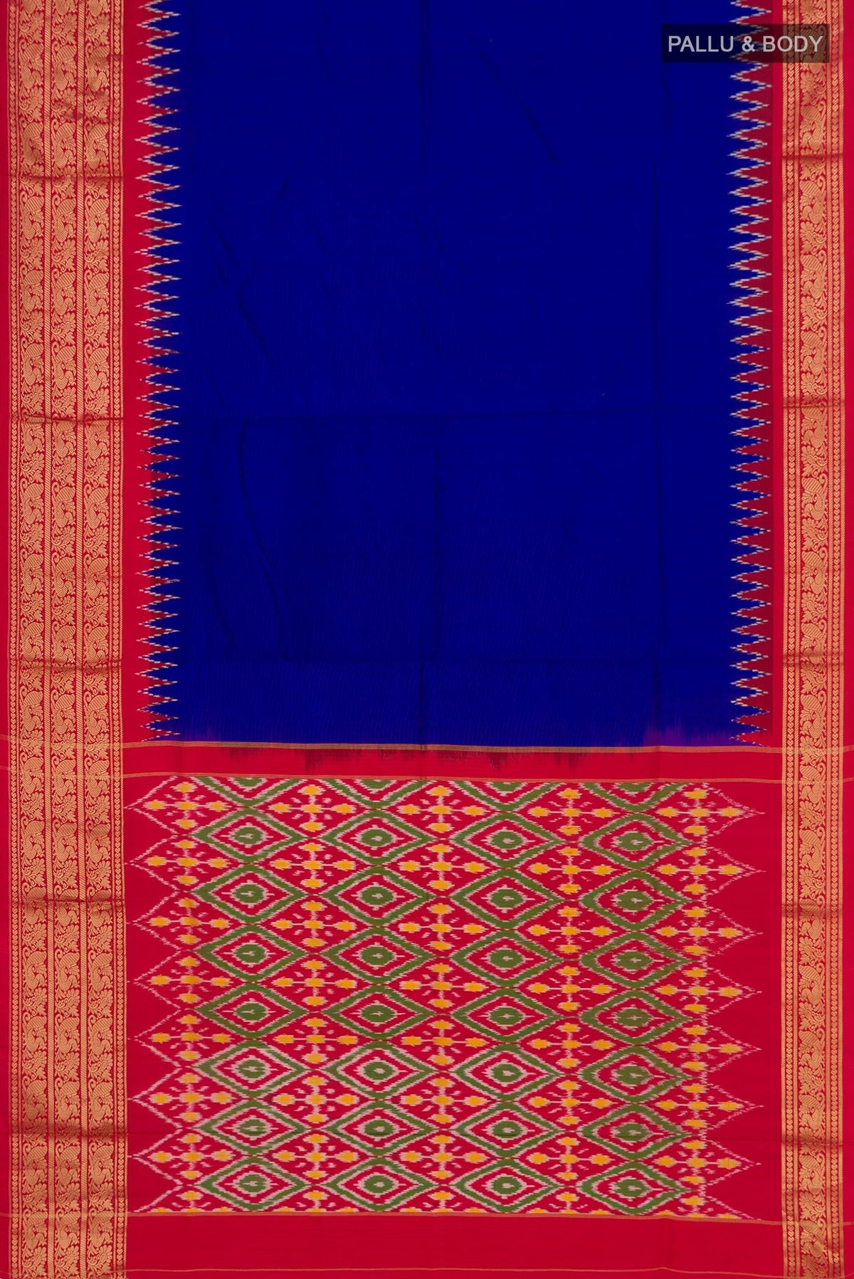 Flat view of Blue Pochampally Silk Saree with Plain Body and Zari Border. 