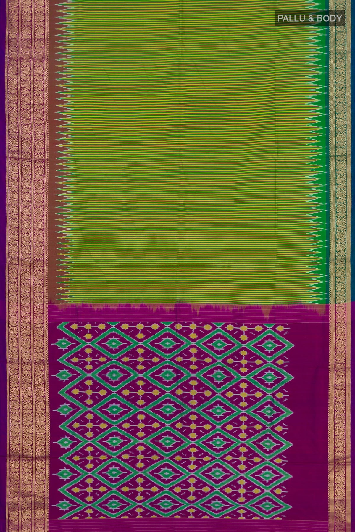 Flat view of Green Pochampally Silk Saree with Stripes on the body and Zari Border. 