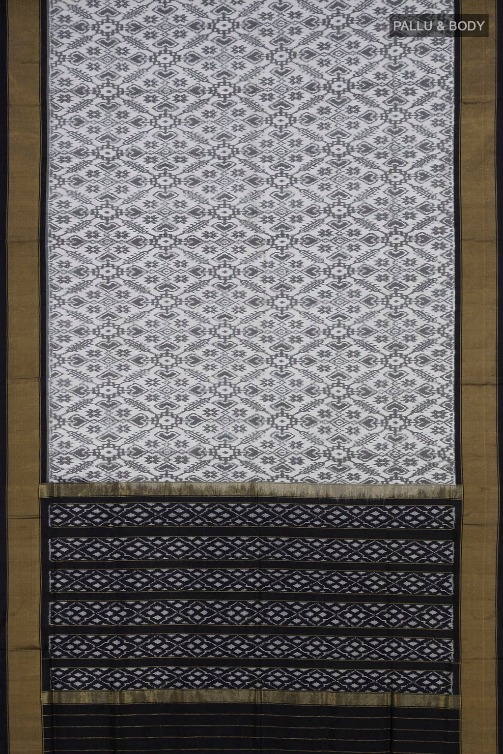 Flat view of White Pochampally Silk Saree with Ikat Print on the body and Zari Border. 