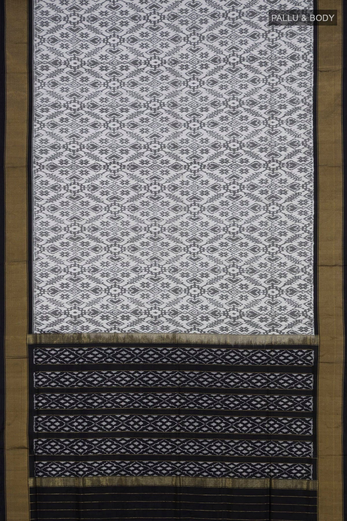 Flat view of White Pochampally Silk Saree with Ikat Print on the body and Zari Border. 