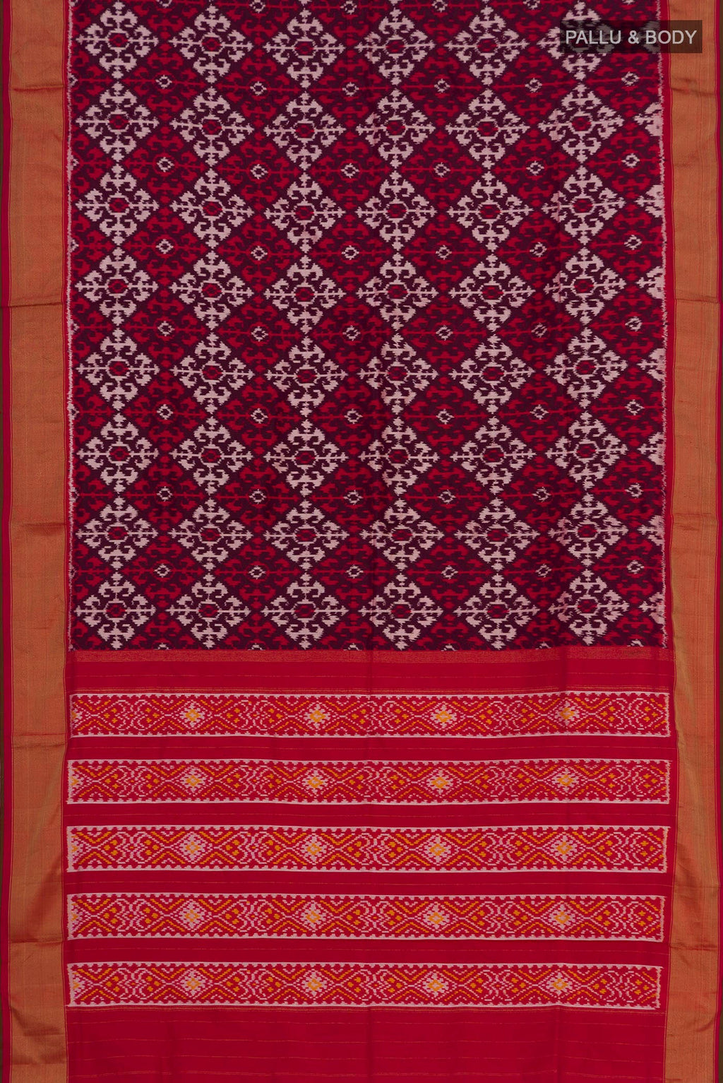 Flat view of Brown Pochampally Silk Saree with Ikat Print on the body and Zari Border. 