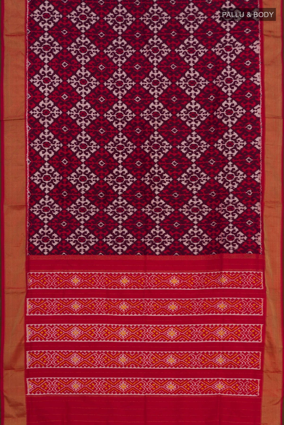 Flat view of Brown Pochampally Silk Saree with Ikat Print on the body and Zari Border. 