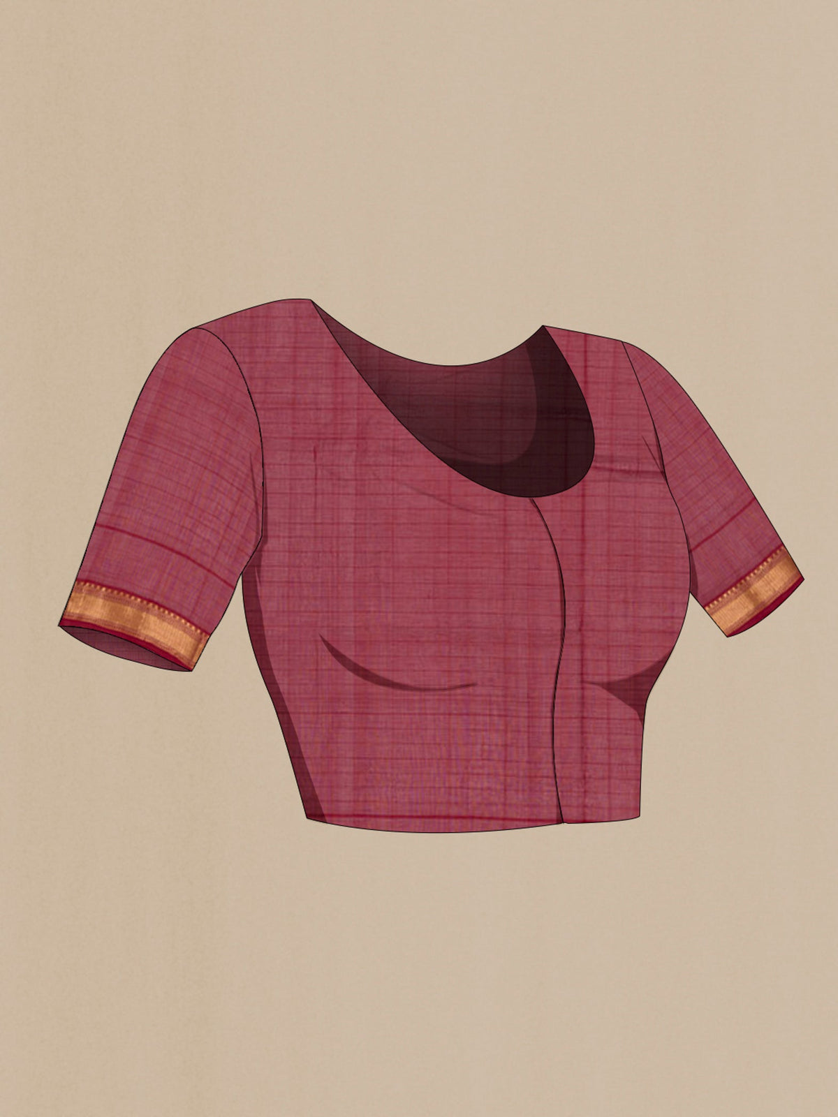 Close up image of the blouse of Maroon Silk Cotton Saree with Checked design on the body and Zari Border. 