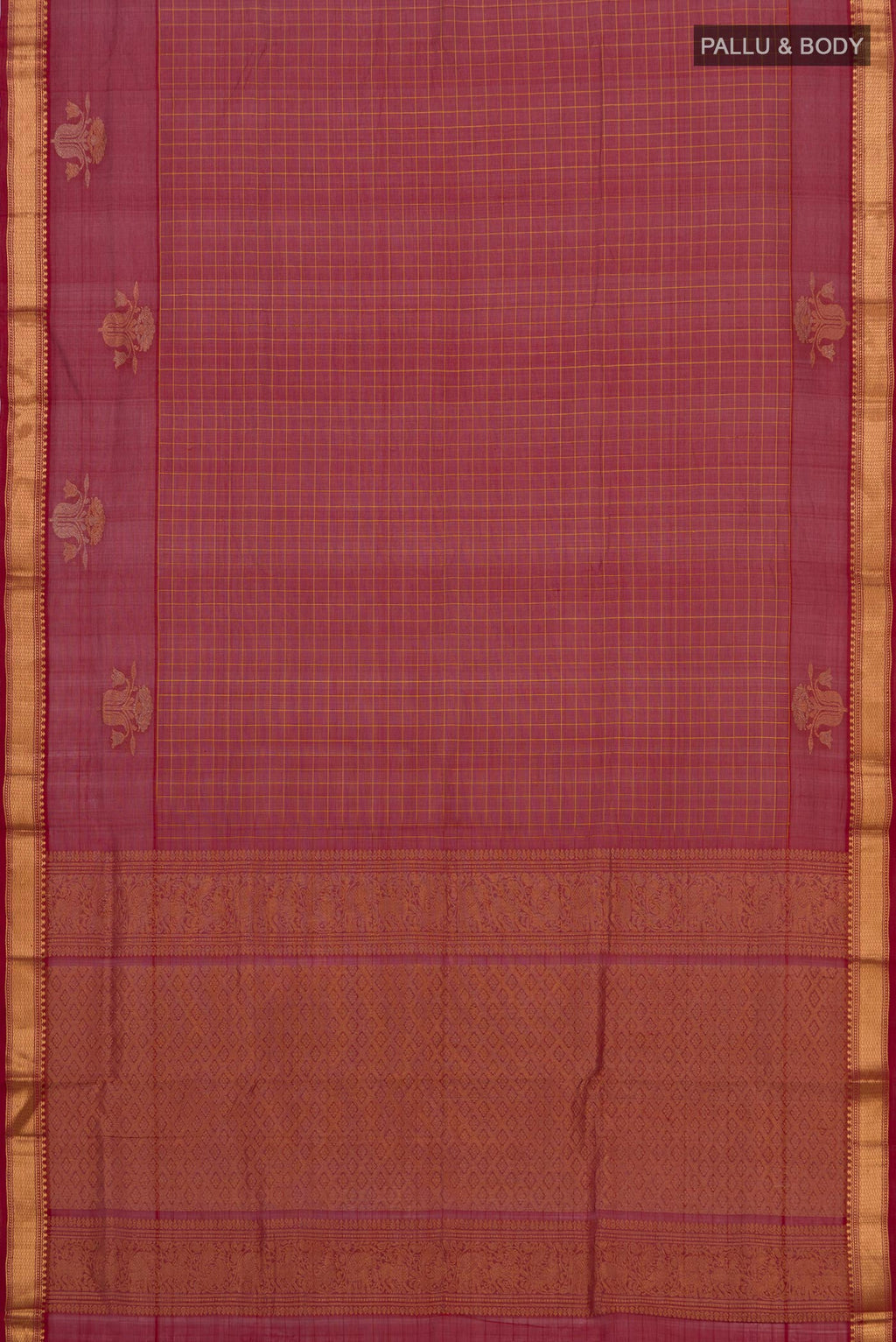 Flat view of Maroon Silk Cotton Saree with Checked design on the body and Zari Border. 