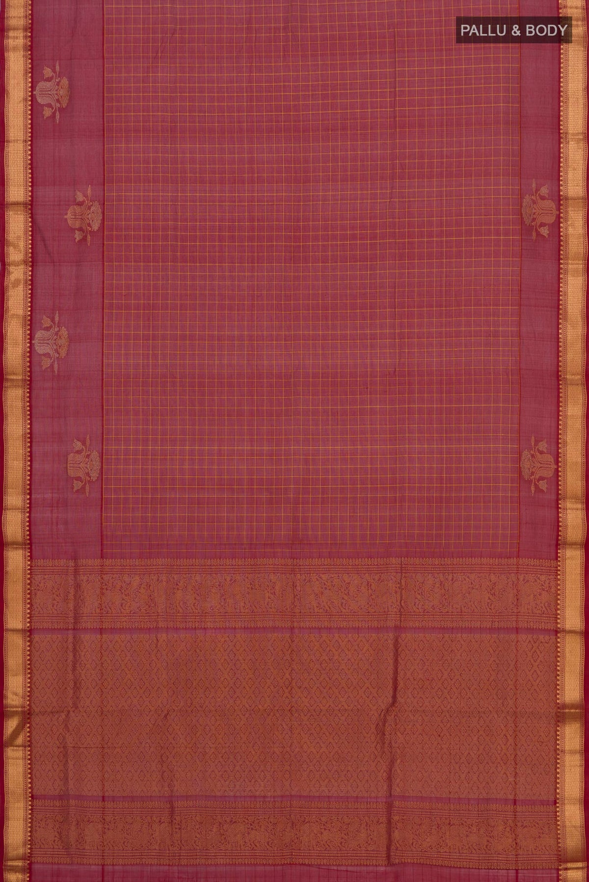 Flat view of Maroon Silk Cotton Saree with Checked design on the body and Zari Border. 