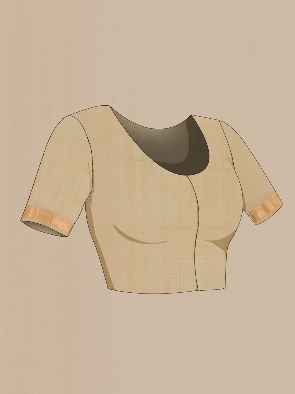 Close up image of the blouse of Beige Silk Cotton Saree with Checked design on the body and Zari Border. 