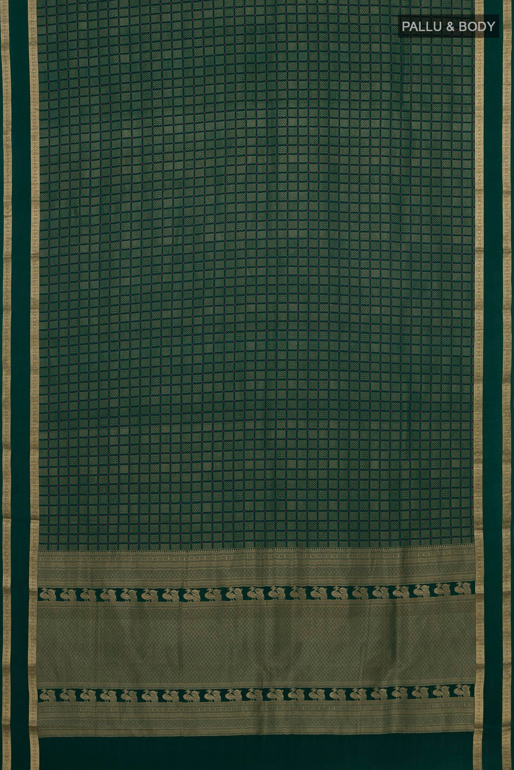 Flat view of Green Crepe Saree with Zari Brocade on the body and Zari Border. 